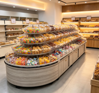 Étagère de présentation en bois à grain naturel pour snacks, comptoir multi-niveaux pour fruits secs, noix et bonbons, étagère alimentaire en bois pour supermarché