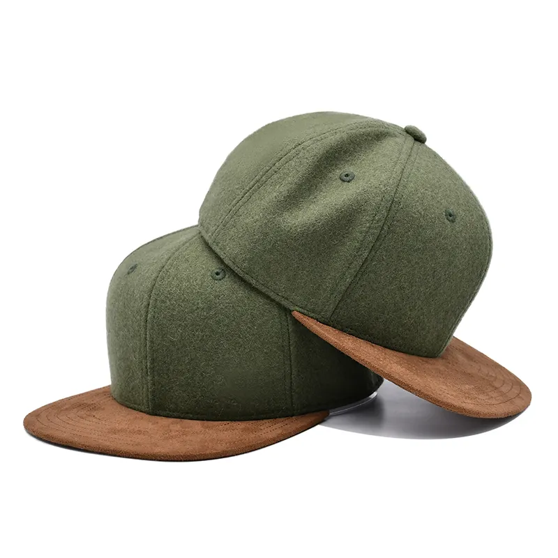 Two Tone Army Green Melton Wolle Snapback Hut Großhandel Cap Snapback mit Wildleder Krempe