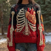 2025 New Trend Fashion Einfache Halloween Schädel Muster Jacquard O-Ausschnitt Loose Pullover Sweater