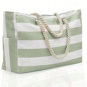 High Quality <b>Large</b> <b>Canvas</b> Shoulder Beach Tote Bag With Cotton Rope Handle <b>Plain</b> Striped Zipper Closure Custom Logo - Product Image 3