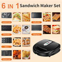 Machine à gaufres professionnelle 6 en 1, électrique, 750W, 2 plaques amovibles antiadhésives, pour donuts, paninis et sandwichs triangulaires