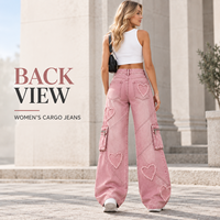 Jeans en denim à jambes larges pour femmes, avec application de cœur, pantalon cargo multi-poches pour un style streetwear