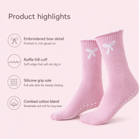 Chaussettes de sport professionnelles mi-mollet pour femme, en coton à fibres longues, antidérapantes, avec nœud brodé et détails en colle