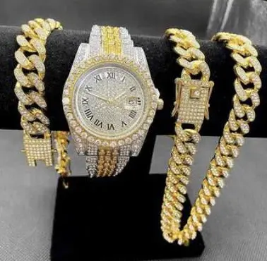 2023 Mais Popular Conjunto De Diamante Pulseira Cadeia Cubana Conjunto De Jóias Espumantes Set Homens Relógio De Quartzo Hip Hop