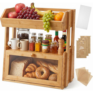 Bamboo Bread Box Multi Layer <b>Storage</b> <b>Rack</b> With Fruit <b>Vegetable</b> Container Kitchen Countertop Organizer - Product Image 1