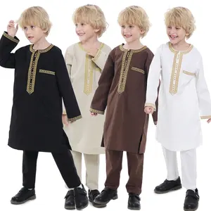 wholesale Saudi Arabian boys Suit Blank Pockets Custom Logo Embroidery Long Sleeve Plus Size Loose Collar Islamic kids Clothing