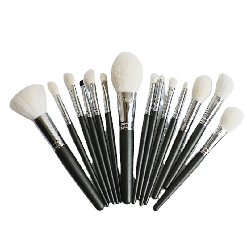 14 Pcs Black Wood Handle Makeup Brushes Set Makeup Brush Sets Private Label White Goat Hair Makeup Brush Set