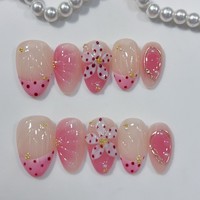 Lot de 10 faux ongles amande roses mignons faits à la main, motif pois et fleurs, à presser, style adorable