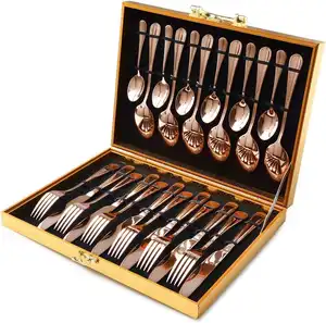 Mirror Polished Rose Gold Cutlery Set For Events Wedding Luxury Flatware With Wooden Box 24pcs Stainless Steel Tableware