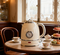 Bouilloire électrique rétro en acier inoxydable de 1,5 L, 1500 W, avec thermomètre, arrêt automatique, double paroi, pour la maison et l'hôtel
