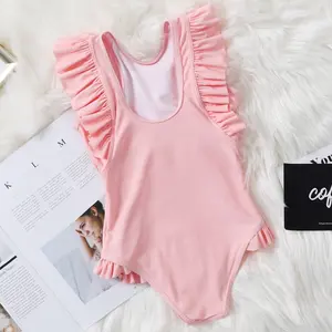 Boutique Girls Summer Bathing Suits Pure Color 1 Piece Baby Girls Milk Silk Bikini Fly Sleeve Young Girl Swimming Suit