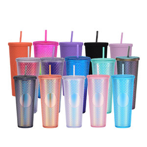 Wholesale reusable diamond drinking cups multi color Black Tumblers Double Wall Matte Plastic 24oz studded tumblers pink