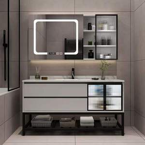 Meuble-lavabo mural moderne gris foncé personnalisé en gros avec vasque en céramique intégrée, miroir LED et étagère ouverte pour hôtel - Product Image 6