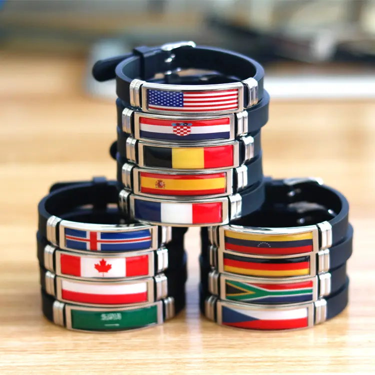 Wholesale Adjustable Silicone Football Fans Wristband Stainless Steel Country Flag Bracelet