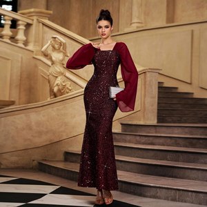 Thanh lịch Burgundy sequin Evening Gown Phụ nữ dài tay áo chính thức Maxi Dress sang trọng lấp lánh Nàng Tiên Cá <span class=keywords><strong>prom</strong></span> Wedding Guest Party Dresses - Product Image 5