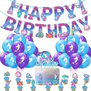 Nice Mermaid Birthday Party Decoration Set Ocean Theme Birthday Pull Flag Cake Top Hat Balloon Party Decoration Supplies