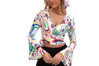 Nouvel ensemble haut et pantalon imprimé pour femme, style rétro disco années 70, avec manches trompette florales, idéal pour la scène
