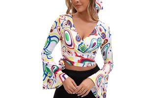 Nouvel ensemble haut et pantalon imprimé pour <span class=keywords><strong>femme</strong></span>, style rétro <span class=keywords><strong>disco</strong></span> années 70, avec manches trompette florales, idéal pour la scène - Product Image 5