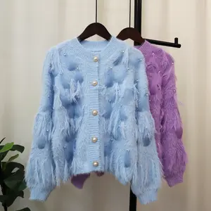 थोक 2023 शरद ऋतु की मिंक ऊन कोमल शैली का डिजाइन महसूस करता है कि पंख बीड टास्सेल बुना हुआ कैडिगन महिला स्वेटर