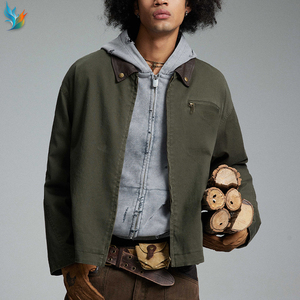 Abrigo de Trabajo para <span class=keywords><strong>Hombre</strong></span> Detroit de Lona Lavada Premium, Color Verde Oliva, Estilo Oversize, con Cuello de Cuero - Product Image 3