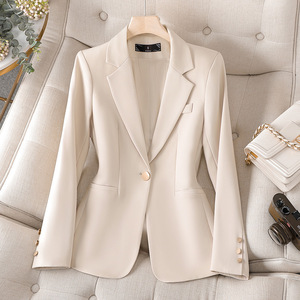 Women's Brown Long Sleeve Blazer Slim Fit Anti Wrinkle Solid Color Polyester Suit Jacket For Autumn 2023 - Product Image 3