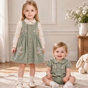 Vestito da bambina <span class=keywords><strong>in</strong></span> cotone a coste con ricamo floreale, balze e bottoni frontali, senza maniche, linea ad A, lunghezza al <span class=keywords><strong>ginocchio</strong></span>, autunnale - Product Image 1