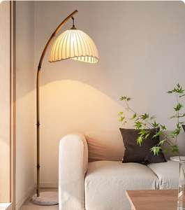 โคมไฟตั้งพื้นทรงโค้งตกแต่งมุมโรงแรมวาบิซาบิ ผ้าทอประดับตกแต่ง ฐานหินอ่อน ดีไซน์เลียนแบบไม้ไผ่ - Product Image 6