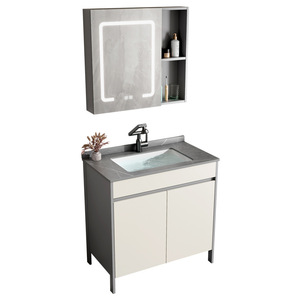 Mueble de Baño de Aluminio Espacial con Espejo LED Integrado, Lavabo de Cerámica y Acabado en Gris Claro/Caqui de Doble Color para el Hogar - Product Image 1