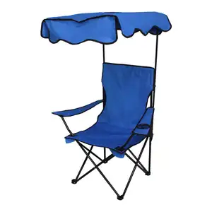 Blauwe Metalen Opvouwbare Strandstoel Met Luifel Zonwering Camping Gazon Luifel Stoel