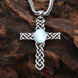 yunnique Stainless Steel Men's <b>Cross</b> Pendant Necklace With Blue Stone Bezel Setting Geometric Design Gift Jewelry - Product Image 2