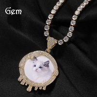 Collier Cadre Photo en Cuivre Doré Style Hip-hop avec Diamants Incrustés Goutte d'Eau et Bambou, Bijou Pendentif de Couple DIY de Luxe Léger et de Niche