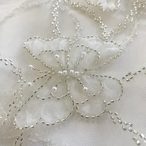 C-735 butterfly Embroidery 3D floral Nail Pearl Sequin Lace Fabric DIY Wedding Dress Kids Dress Accessories Fabric