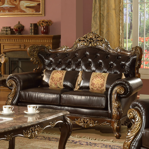 Conjunto de Sofás de Sala de Estar em Couro Genuíno Europeu e Madeira Maciça, Conjunto de Sofás Tradicional Esculpido à Mão 1+2+3 Lugares - Product Image 2