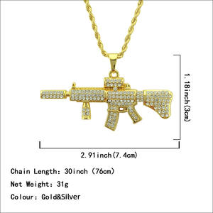 Vendita calda da <span class=keywords><strong>uomo</strong></span> con ciondolo a forma di AK47 placcato in <span class=keywords><strong>oro</strong></span> e stile Hip Hop modello di fucile d'assalto collana con pietra di Zirconia - Product Image 2