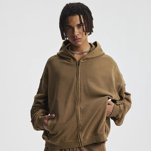 Sweat à capuche unisexe automne-hiver en coton 100% uni, style streetwear, multi-déchirures, avec empiècements, teint en pièce, fermeture éclair, broderie 3D - Product Image 1