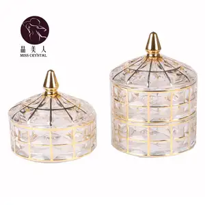 Scandinavische Stijl Gouden Geschilderde Yurt Vorm Crystal Glass Decoratieve Multi-layer Stapelbaar Glas Opslag Pot Voor Bruiloft En party