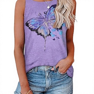 Débardeur violet à imprimé papillon pour femme, col rond, sans manches, coupe ample, décontracté - Product Image 1