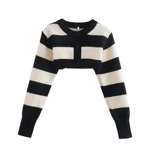 Black and white color crew neck single breasted long sleeve casual fashion women crop cardigan top