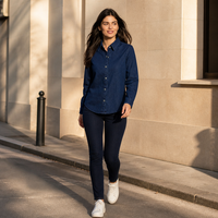 Chemise en jean indigo foncé pour femme, coupe ajustée, manches longues, chemisier en jean vintage bleu marine, haut boutonné décontracté