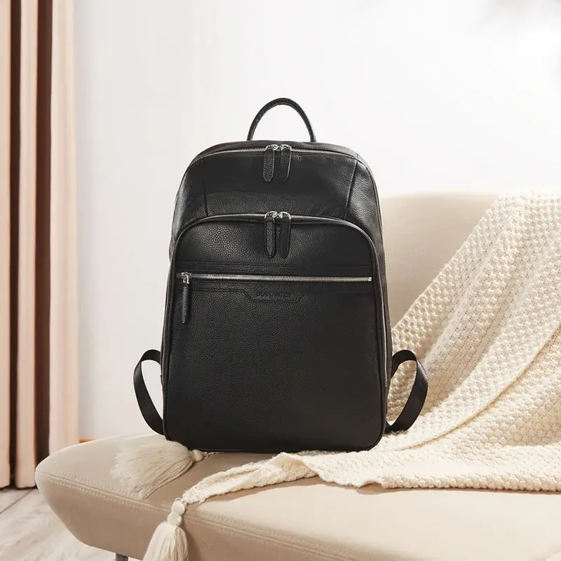 Travel College Bag Black Men Leather Backpack 15.6 Inch Laptop Backpack