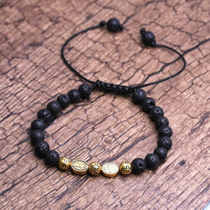 Black Volcanic Stone <b>Bead</b> <b>Bracelet</b> With Gold Cross Charms Zinc Alloy Fashion Jewelry For Men Women Unisex Accessory - Product Image 2
