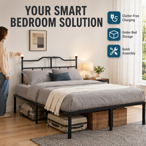 Base letto intelligente con presa di corrente e ricarica USB, testiera in acciaio, piattaforma letto con supporto resistente da 14 pollici - Product Image 5