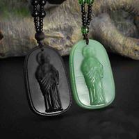Collier pendentif en verre imitation obsidienne noire avec statue de San Benito et chaîne perlée, style ethnique, bijou cadeau