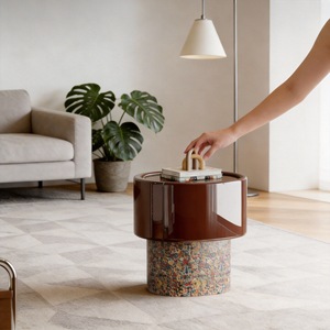 Mesa de Noche con Forma de Hongo, Madera Maciza Lacada, Mesita de Noche con Almacenamiento Arcoíris, Muebles para Dormitorio - Product Image 3