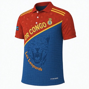 Polo pour homme en polyester et élasthanne imprimé, maillot de football DR Congo, polo pour homme, imprimé léopard rouge et bleu, manches courtes - Product Image 2