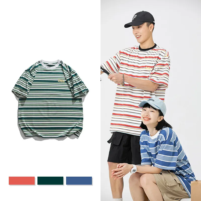 Summer Men Streetwear Young Oversize Plain Tshirt Custom Bluk White Green Stripe T Shirts Cotton Short Sleeve T-shirts For Man