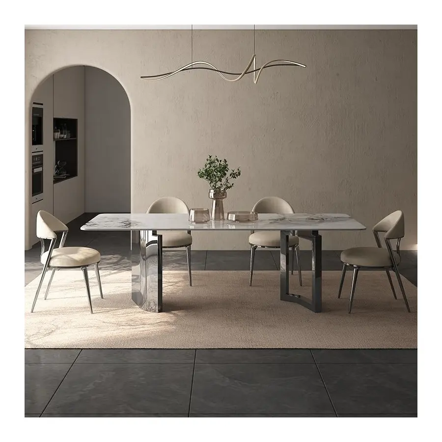 Modern Industrial Design Rectangular Dining Table Black Iron Base Rock Slab top Dining Table Set for dining room kitchen