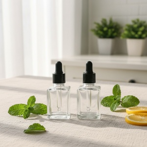 Small Transparent Rectangle 15ml Flat Square Luxury Glass <b>Dropper</b> <b>Bottles</b> With Black Silver Collar for Serum Essential - Product Image 1