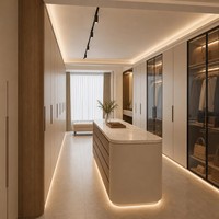 Dressing sur mesure de luxe en bois et verre en forme de U, armoire de rangement moderne pour chambre à coucher avec coiffeuse et éclairage LED