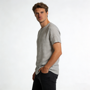 <span class=keywords><strong>T</strong></span>-Shirt da Uomo Personalizzata in Tessuto di Lino Traspirante e Leggero, Grigio Chiaro, Collo Tondo, Vestibilità Comoda e Casual - Product Image 5